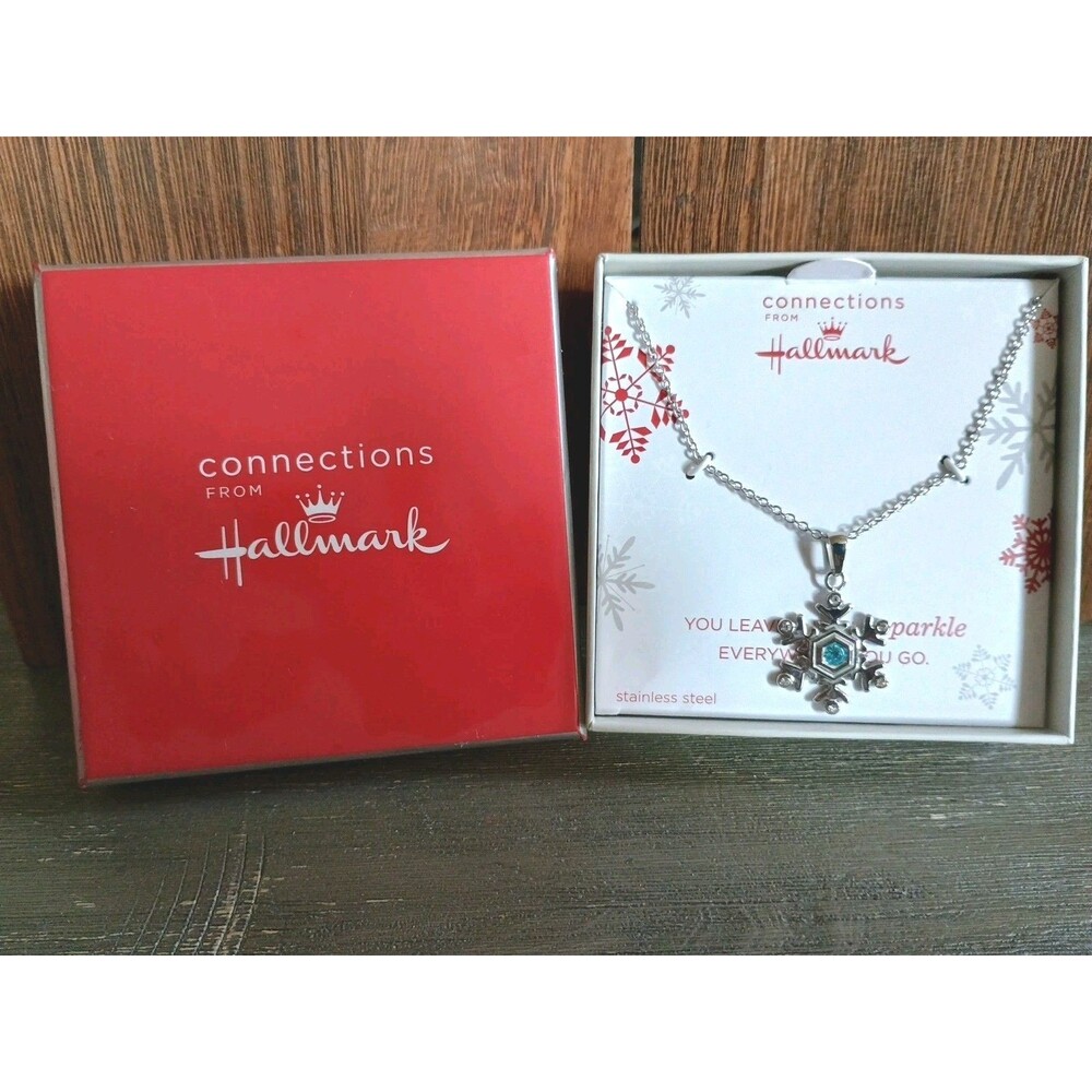 Hallmark Connections Snowflake Blue Rhinestone Stainless Steel Necklace New
